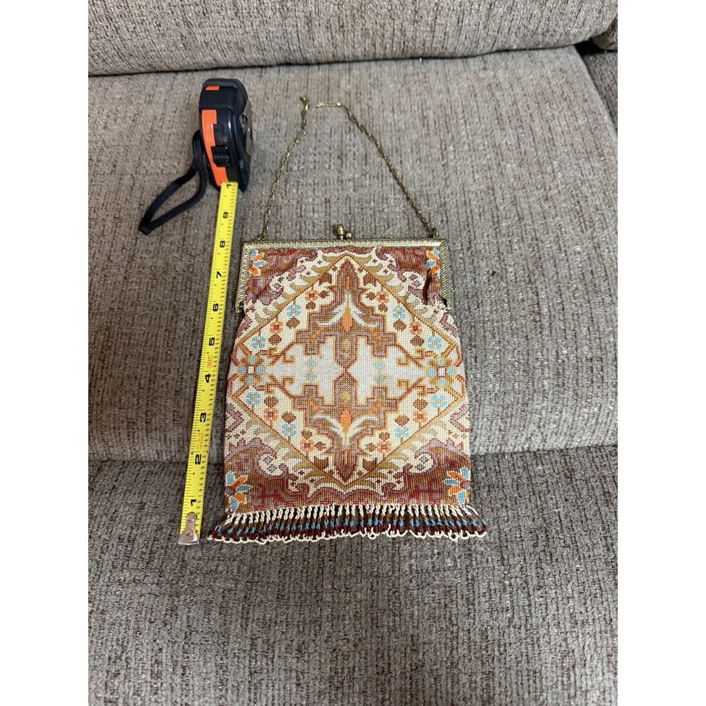Antique Beaded Hand Bag W/Chain, Coin Purse & Mirror Included, Kiss Lock Clasp